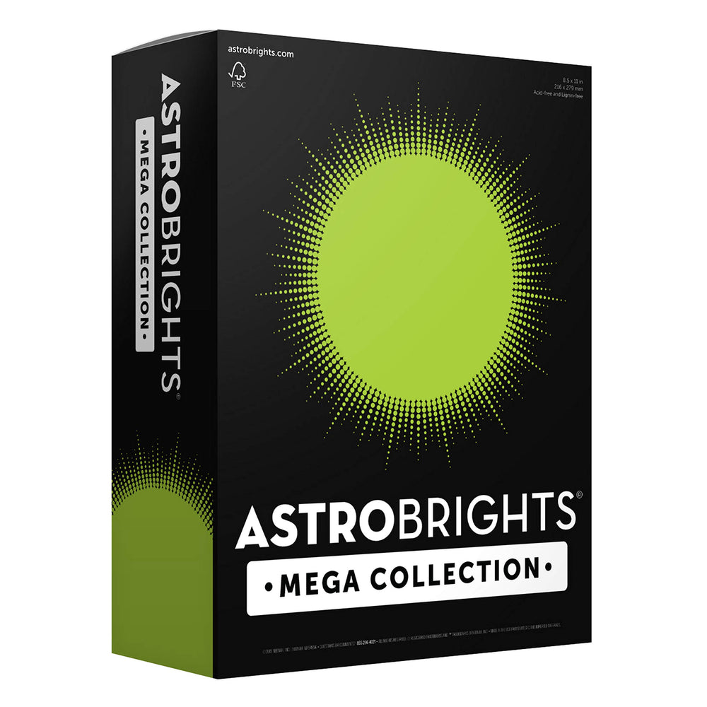 Astrobrights front packaging showing 625-sheet Mega Collection and benefits