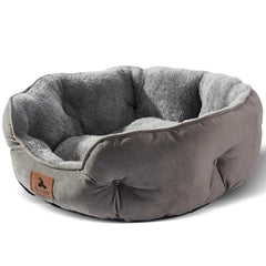 Asvin front view of grey small dog bed showing inviting plush comfort