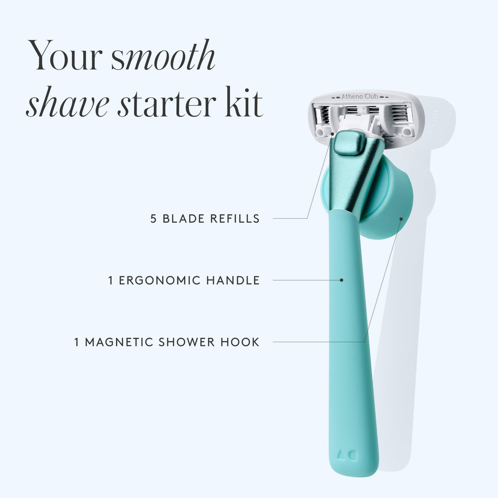 Athena Club close-up of five stainless steel blades showing smooth, close shaving performance