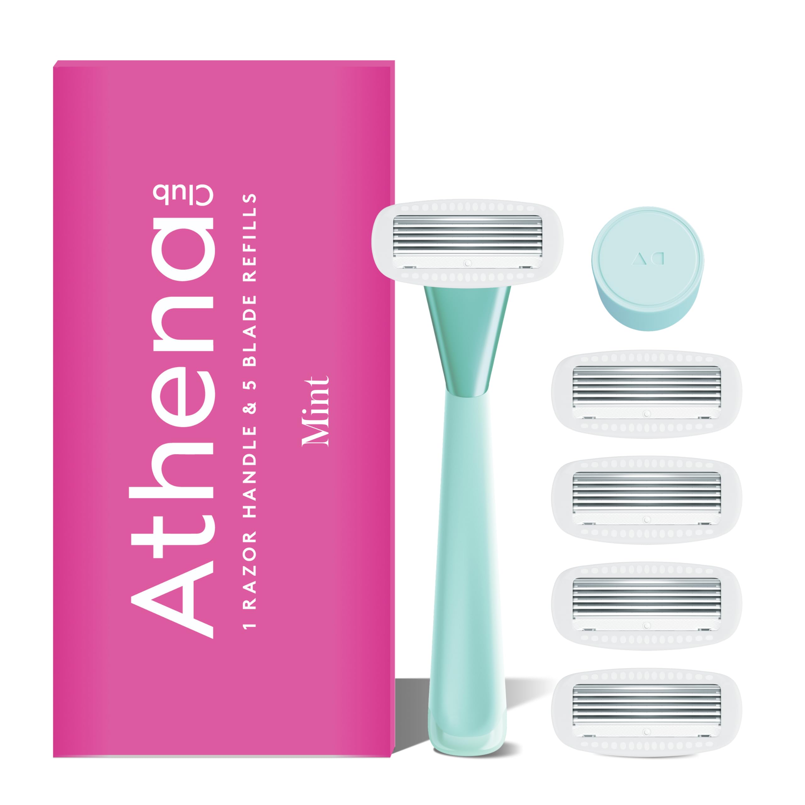 Athena Club mint razor front package showing included five refills and hook for organized storage