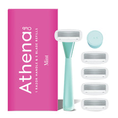 Athena Club mint razor front package showing included five refills and hook for organized storage