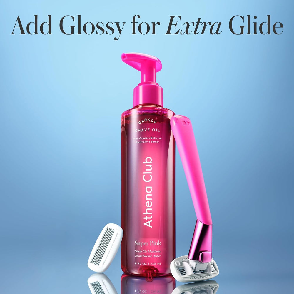 Athena Club packaging and contents flatlay showing handle, five refills, and magnetic hook