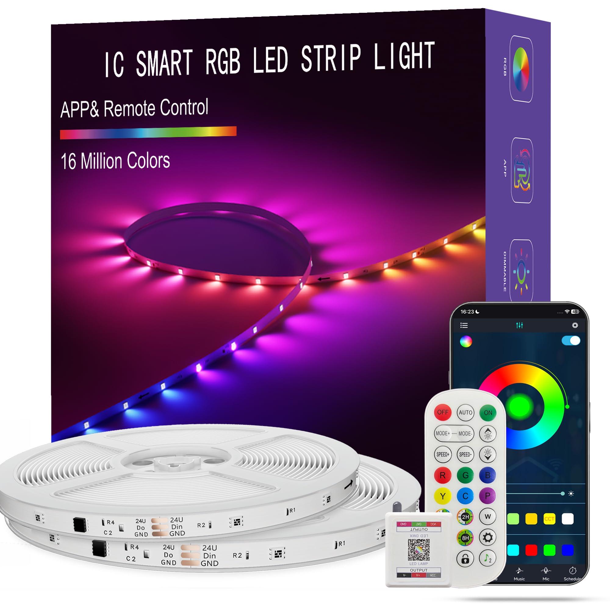 ATHONO front packaging of 100FT LED strip showing contents and features for easy setup