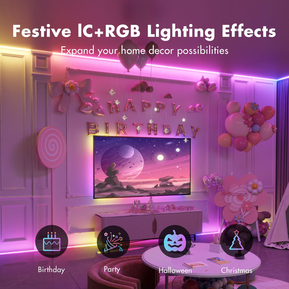 ATHONO strip mounted behind TV creating immersive ambient glow for better viewing