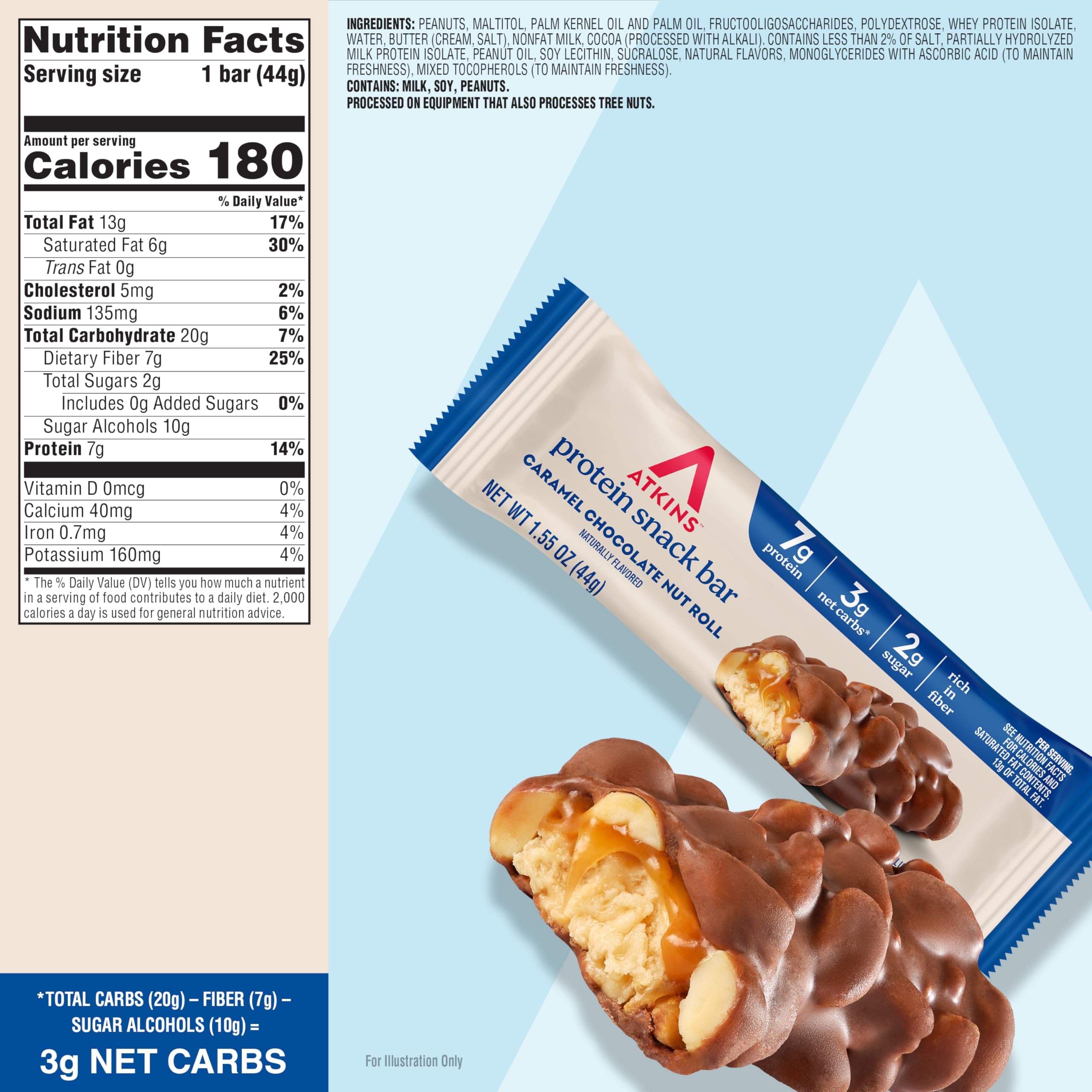 Atkins unwrapped bar close-up showing chewy texture and indulgence