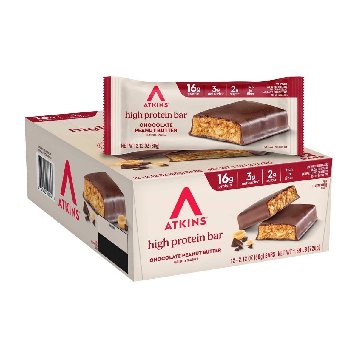 Atkins front packaging showing full 12-count box and clear branding benefits