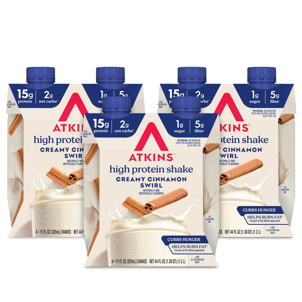 Atkins bottle front packaging showing cinnamon flavor and protein benefits