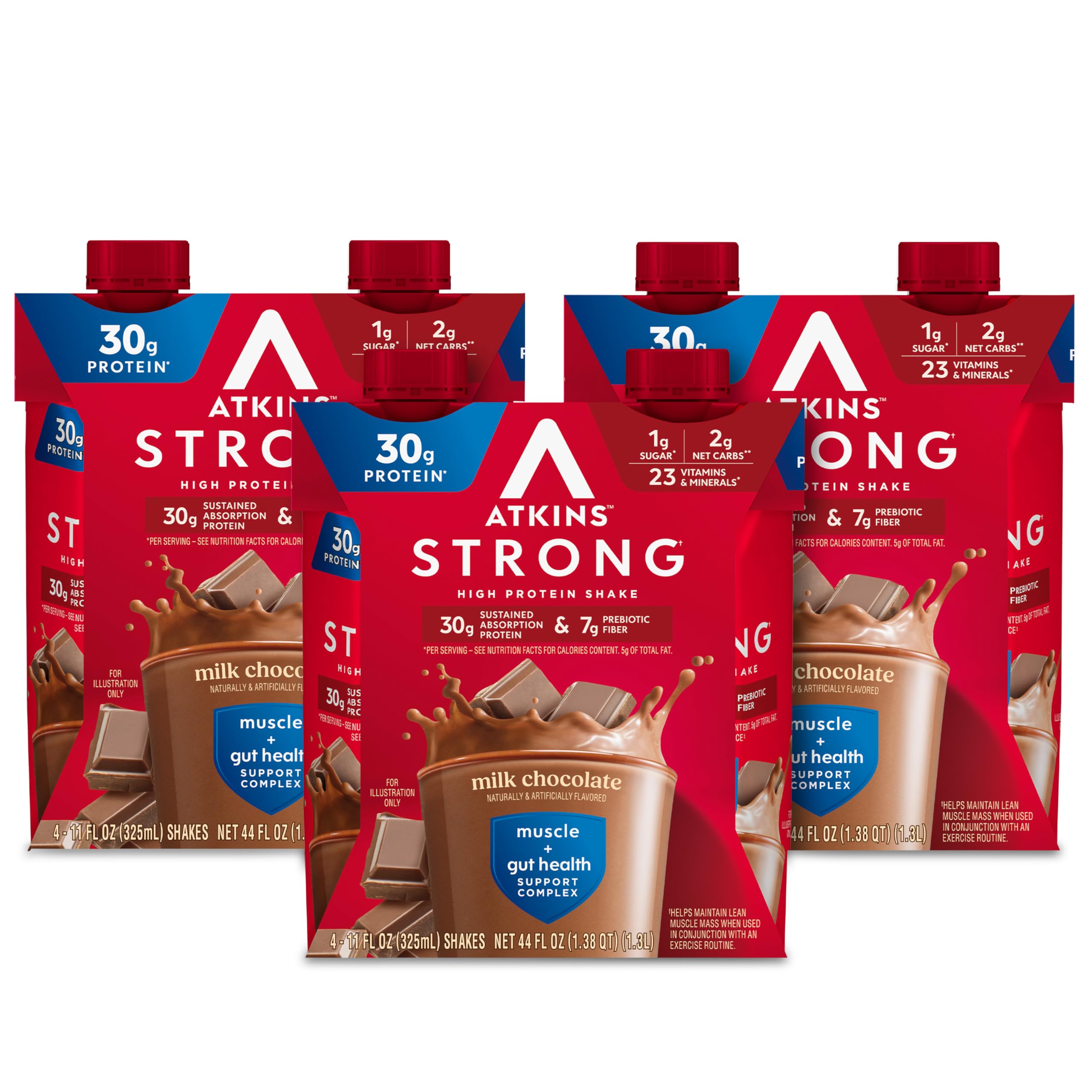 Atkins strong front packaging showing 12 pack, easy grab-and-go benefit