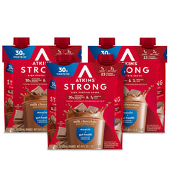 Atkins strong front packaging showing 12 pack, easy grab-and-go benefit