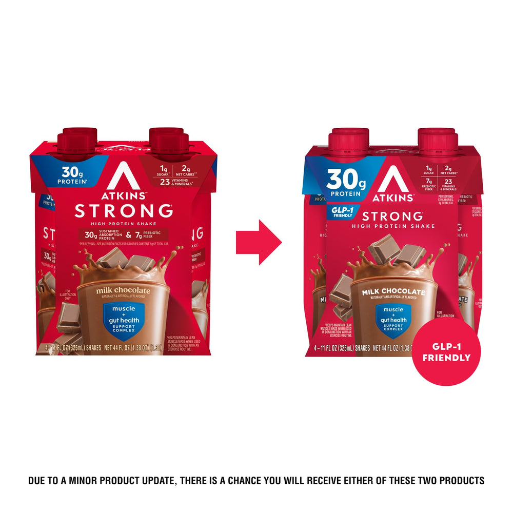 Atkins strong pouring into glass to show creamy milk chocolate and convenience benefit