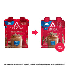 Atkins strong pouring into glass to show creamy milk chocolate and convenience benefit