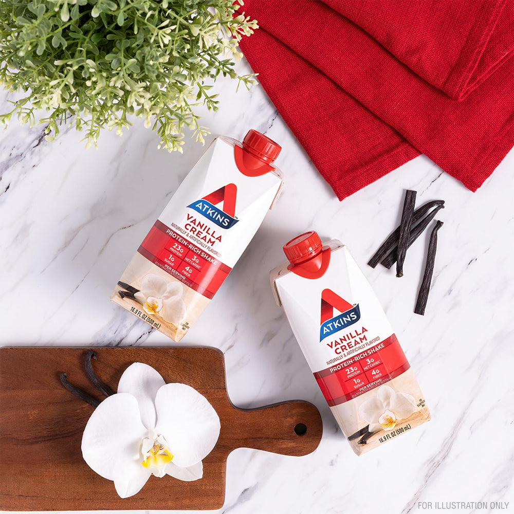 Atkins open carton revealing four individually bottled 16.9 fl oz shakes