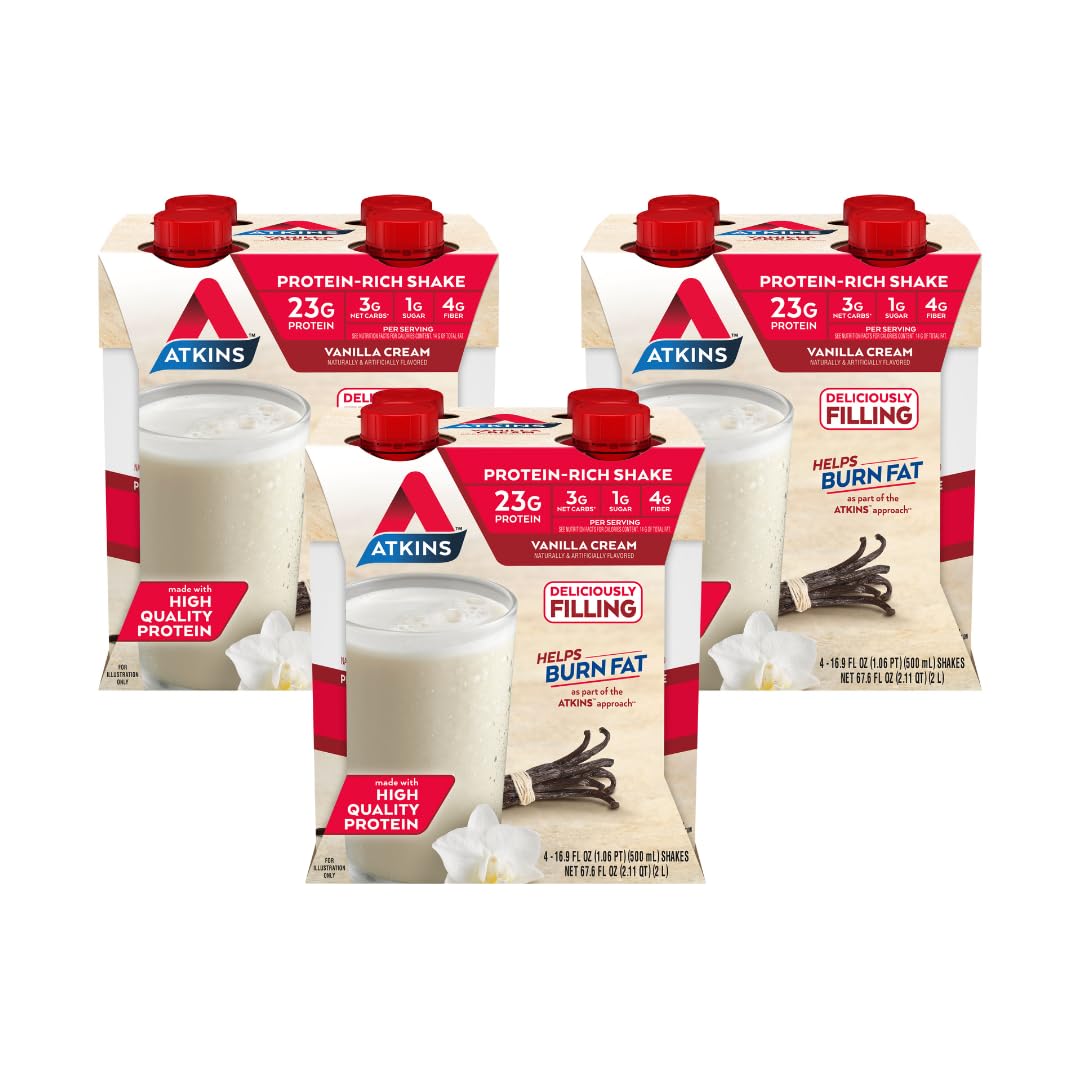 Atkins front packaging showing vanilla cream flavor and nutrition benefits