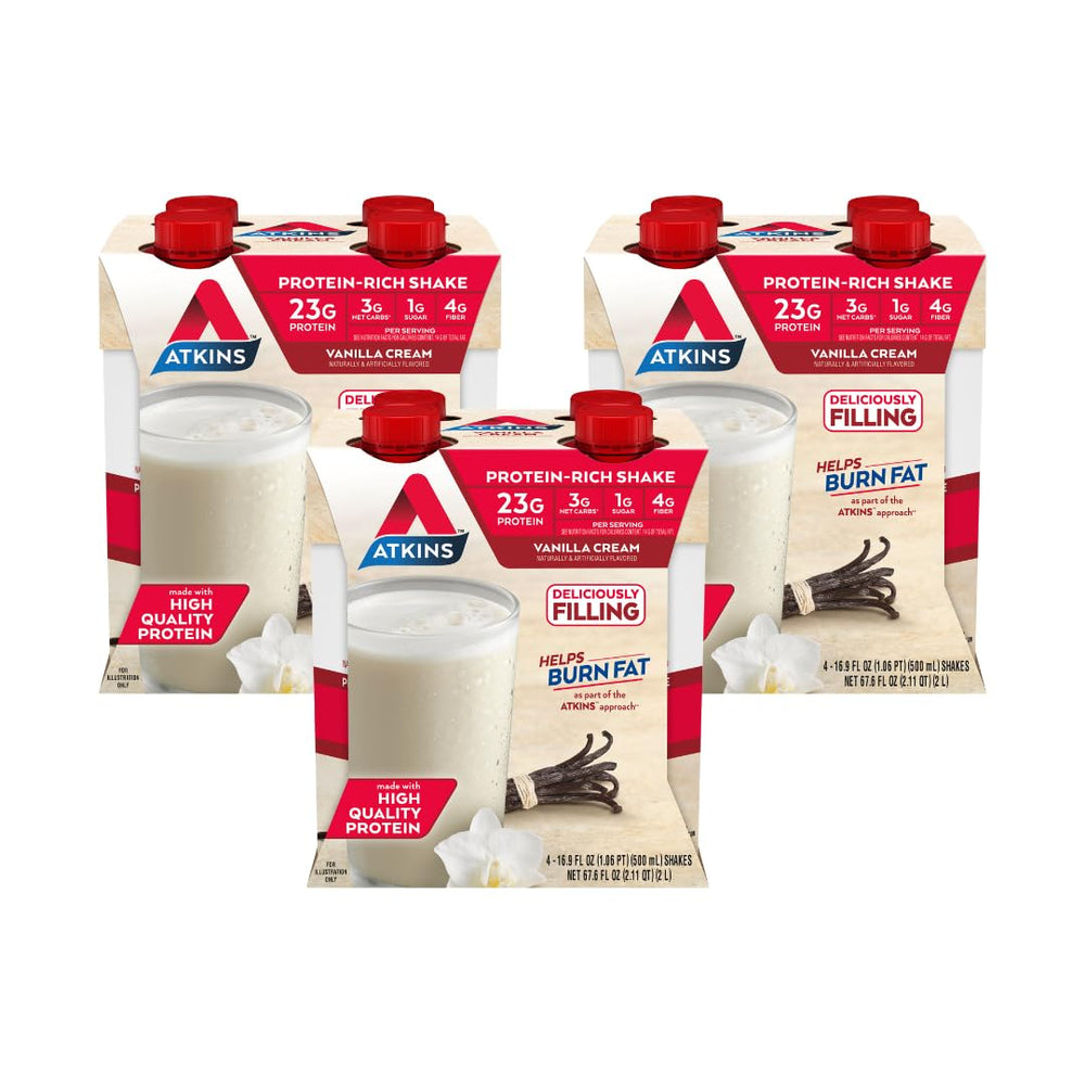 Atkins front packaging showing vanilla cream flavor and nutrition benefits