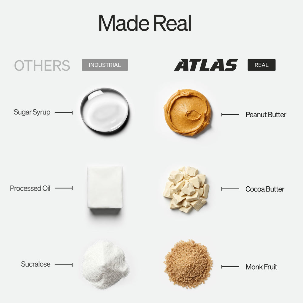 Atlas Protein Bar chocolate chips and roasted nuts detail highlighting genuine ingredients and flavor
