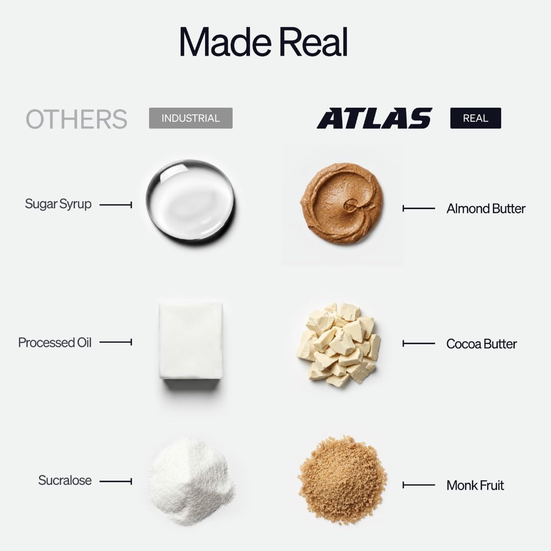 Atlas ingredients spread with almonds peanuts and cocoa showing clean ingredients