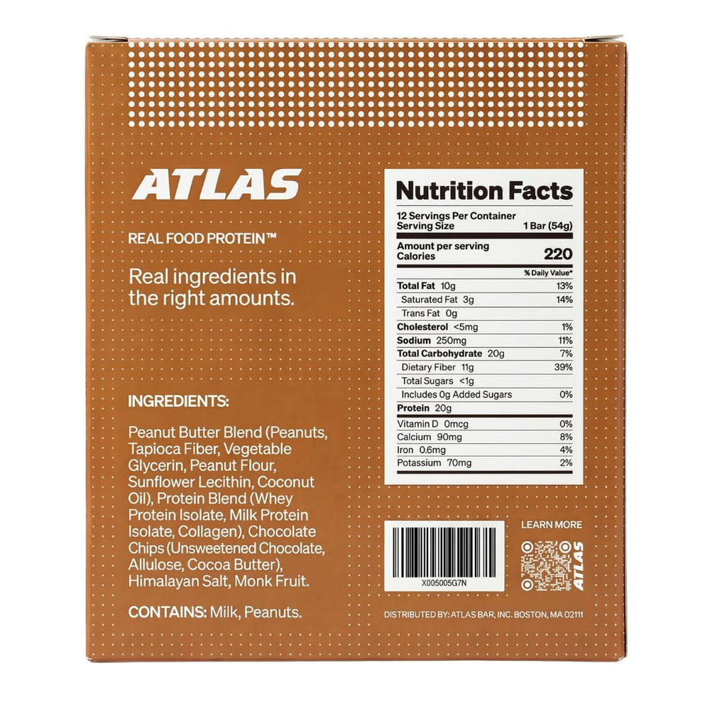 Atlas Protein Bar unwrapped close-up displaying dense texture and real nut pieces for satisfying bite