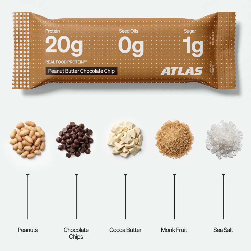 Atlas Protein Bar 12-count box side label showing nutrition highlights and clean-ingredient claims