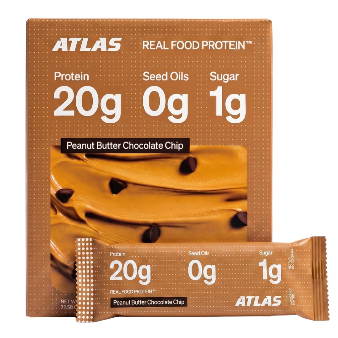 Atlas Protein Bar front packaging showing flavor and protein callouts for quick selection