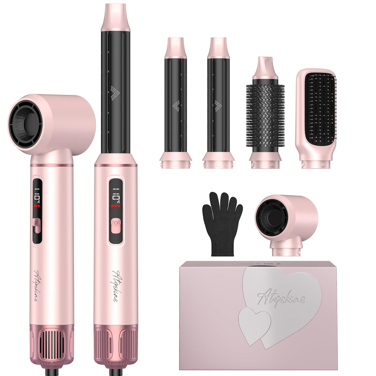 Atopskins front view of the styler showing all attachments and neat packaging benefit convenience