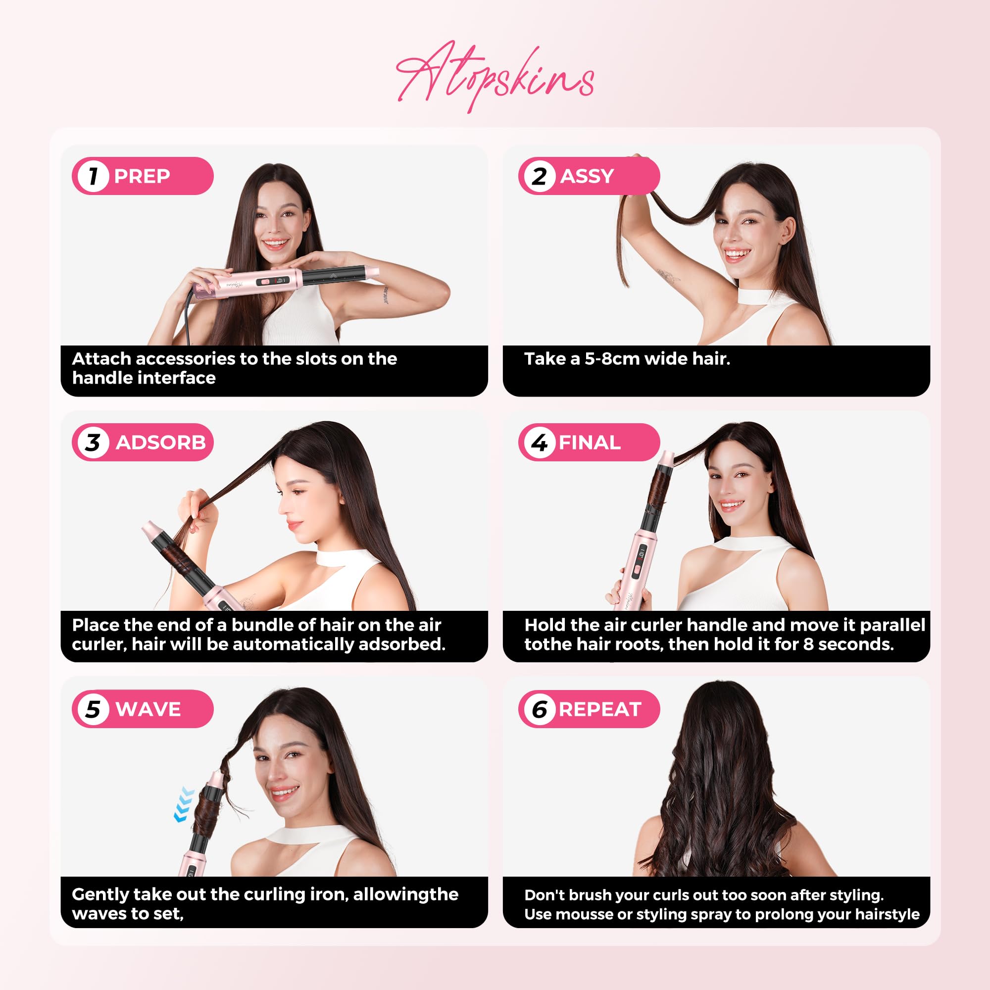 Atopskins styler in use curling hair hands-free for consistent spiral curls