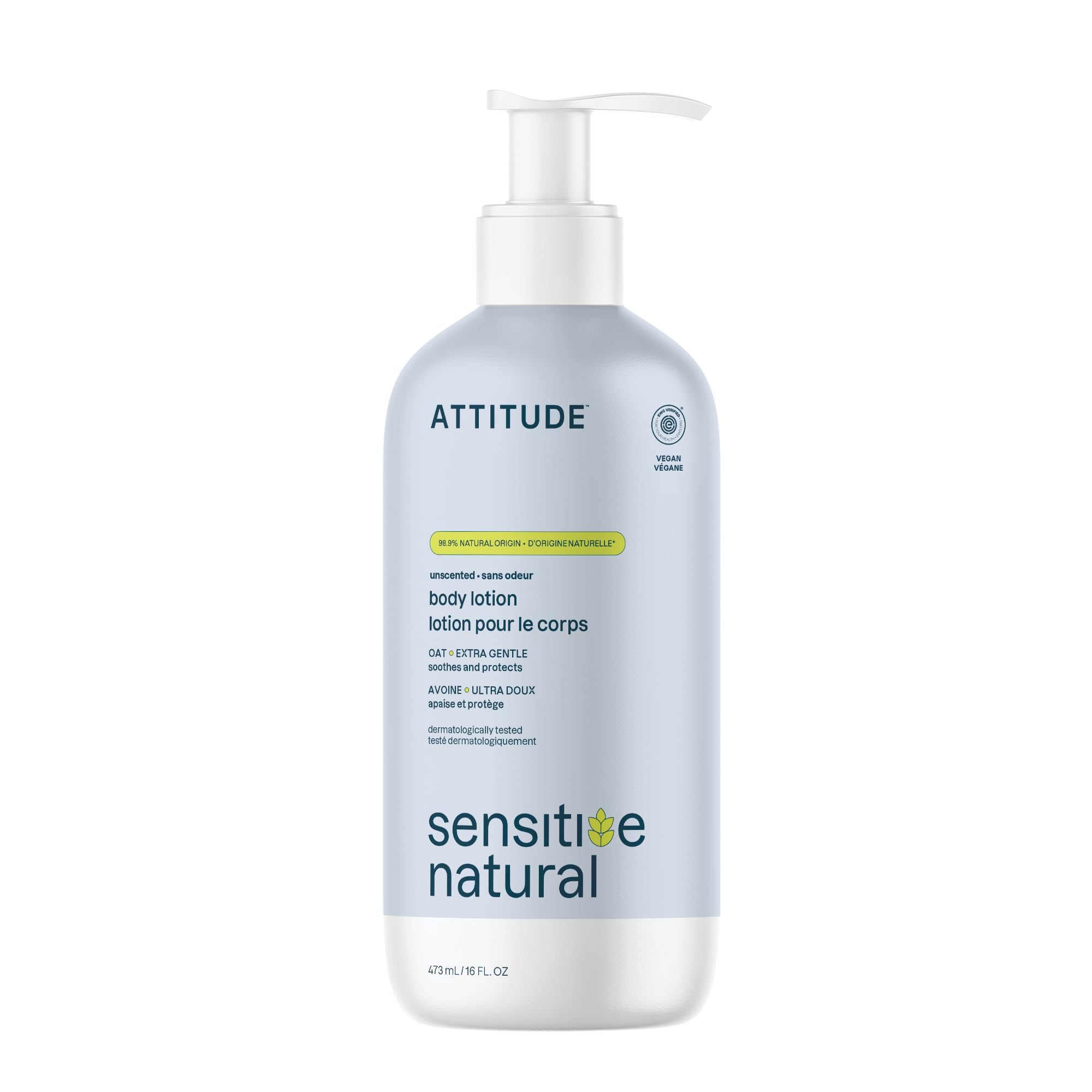 ATTITUDE front packaging of unscented body lotion showing clean design and size benefit
