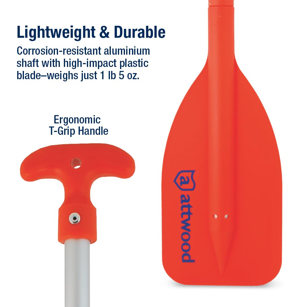 attwood paddle next to hand for scale showing compact portability benefit