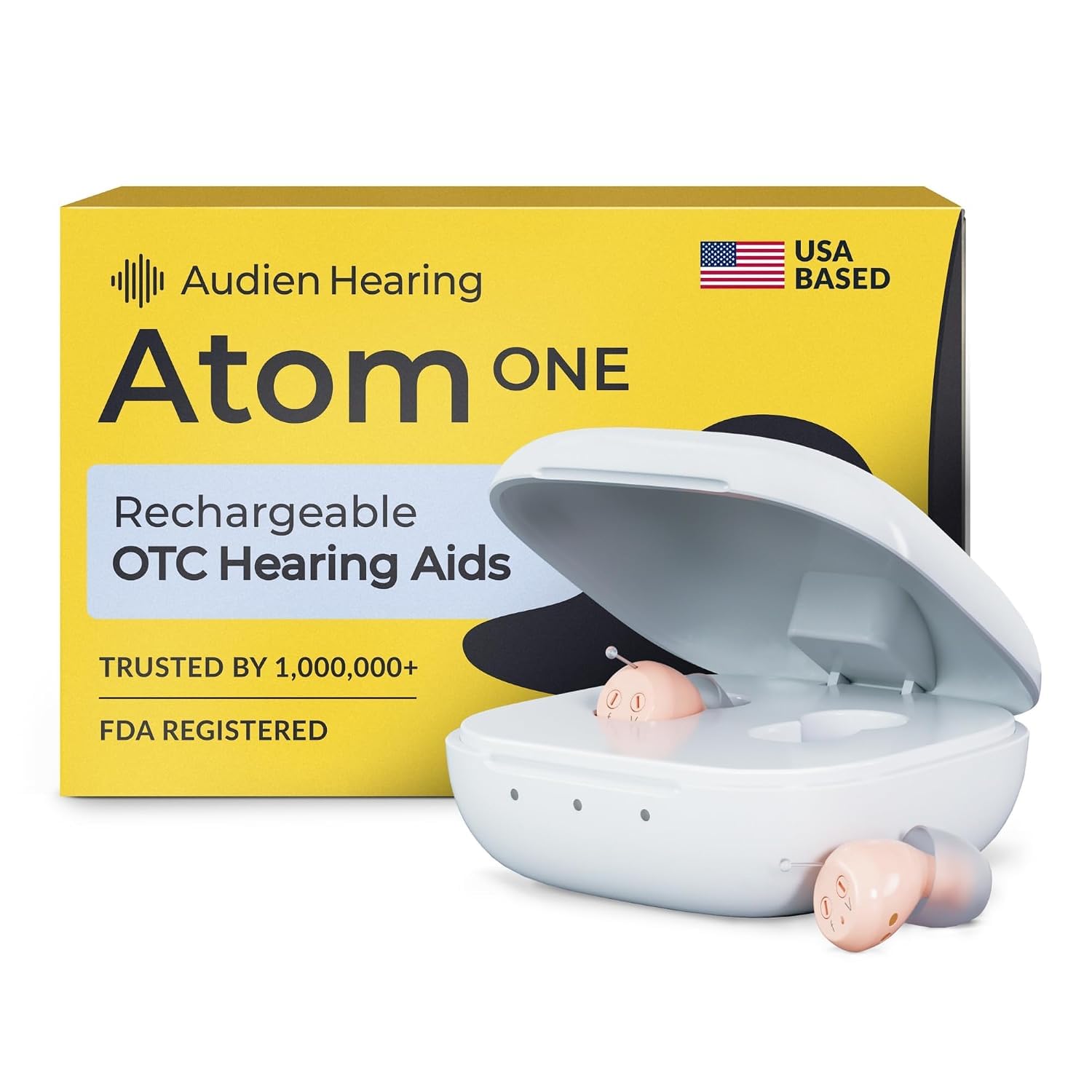 Audien Atom One front view showing discreet nano fit and visible controls for confidence