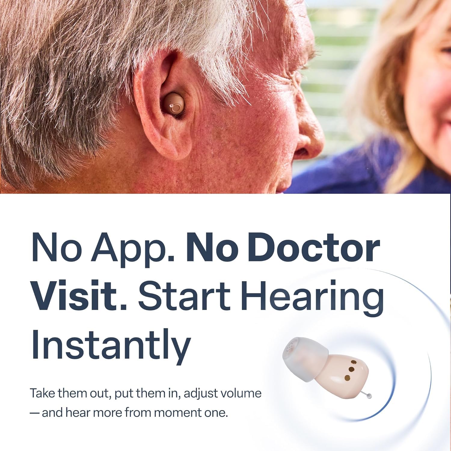 Audien Atom One in-ear lifestyle shot demonstrating discreet wear and improved listening