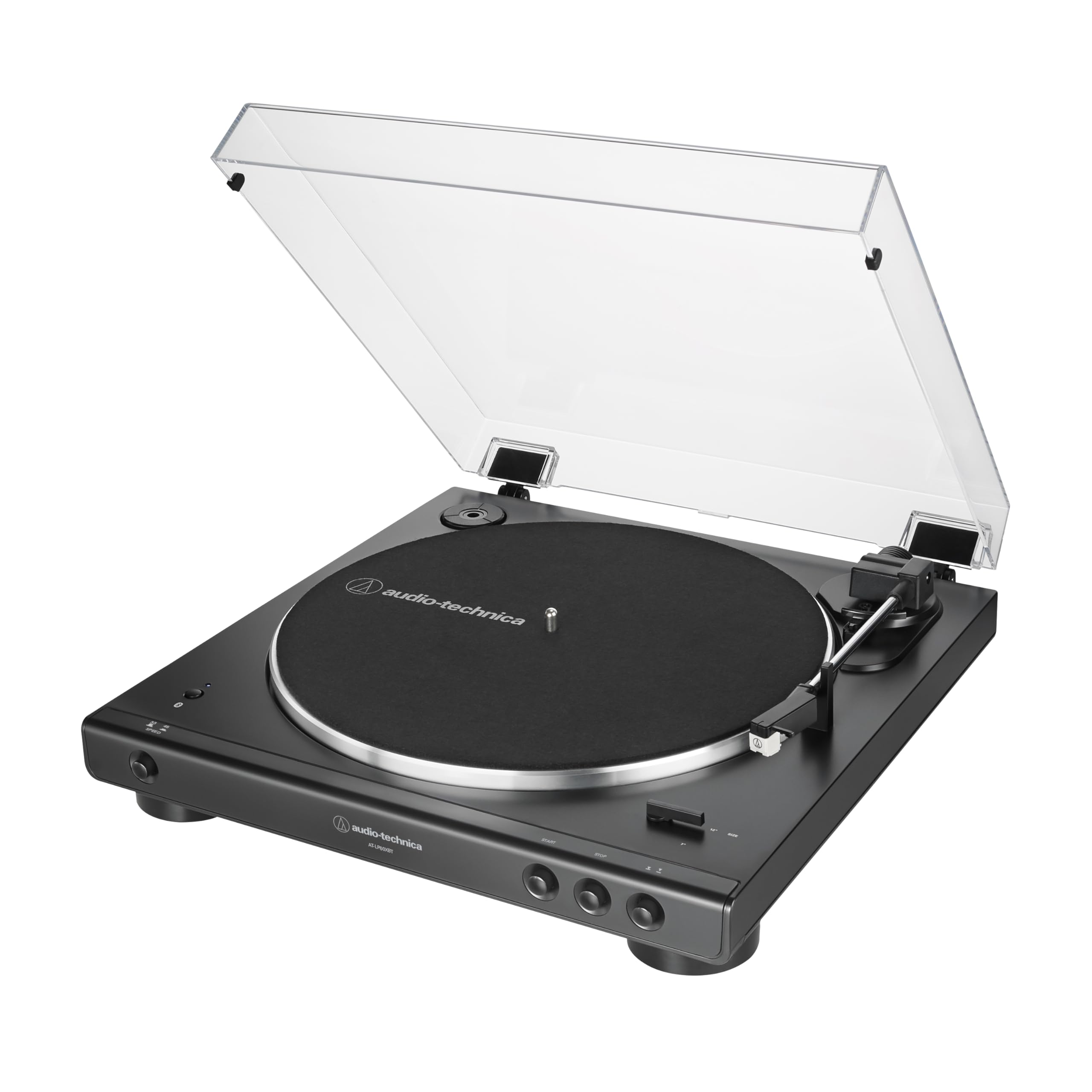 Audio-Technica front view showing compact black turntable and clear controls for easy setup