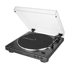 Audio-Technica front view showing compact black turntable and clear controls for easy setup