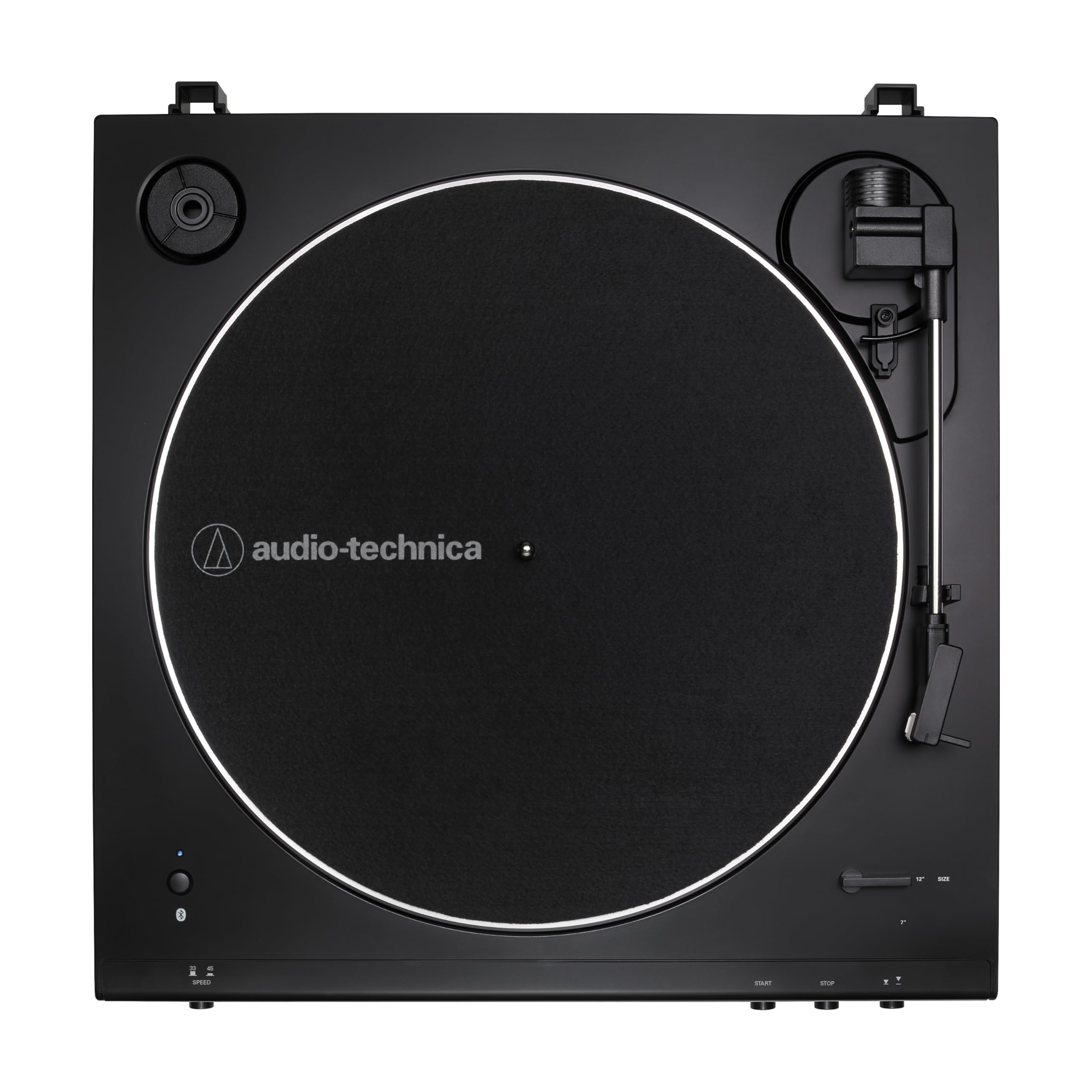 Audio-Technica tonearm and pre-aligned cartridge detail ensuring consistent tracking benefit