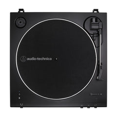 Audio-Technica tonearm and pre-aligned cartridge detail ensuring consistent tracking benefit