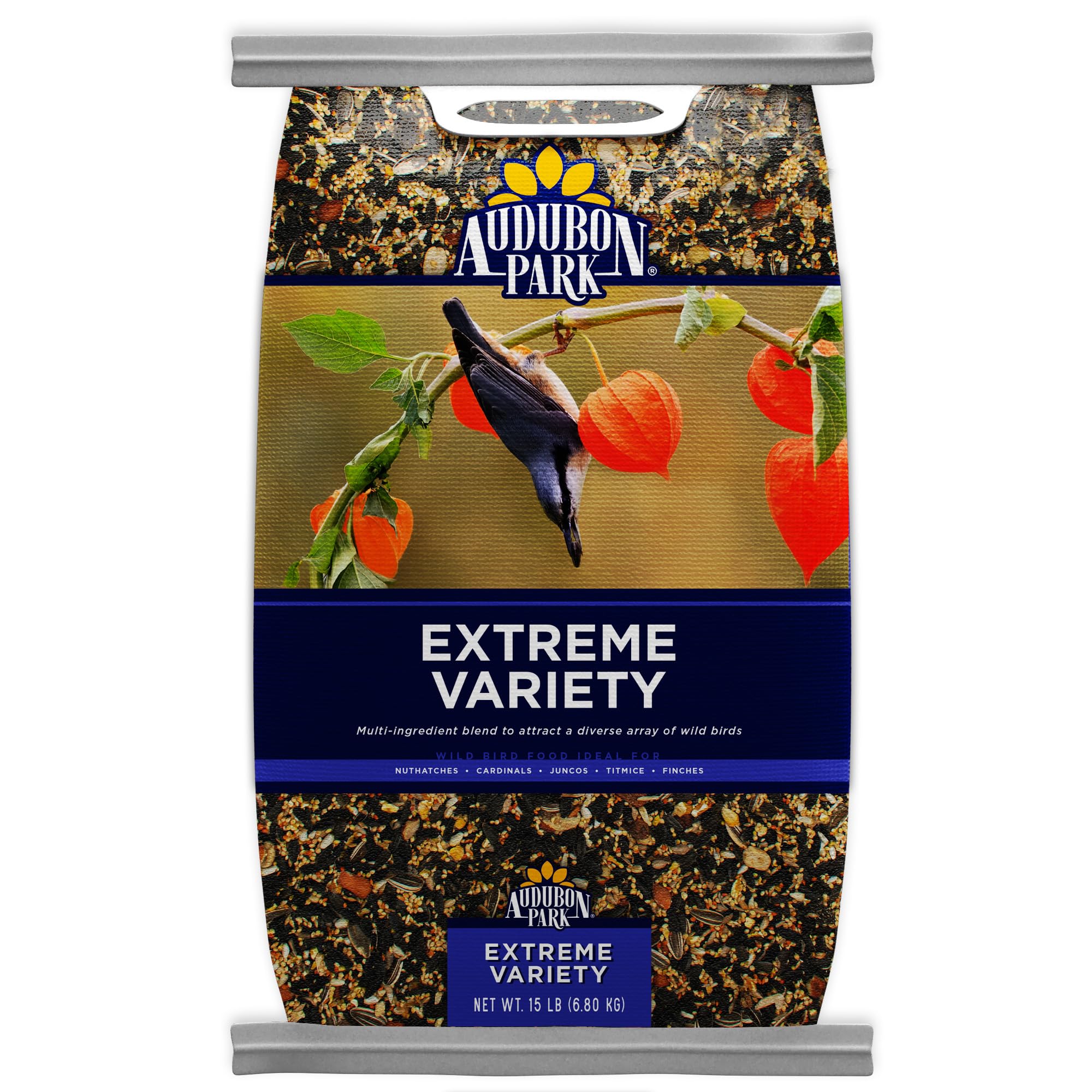 audubon park bag front view showing 15-lb packaging and colorful branding attracting birds