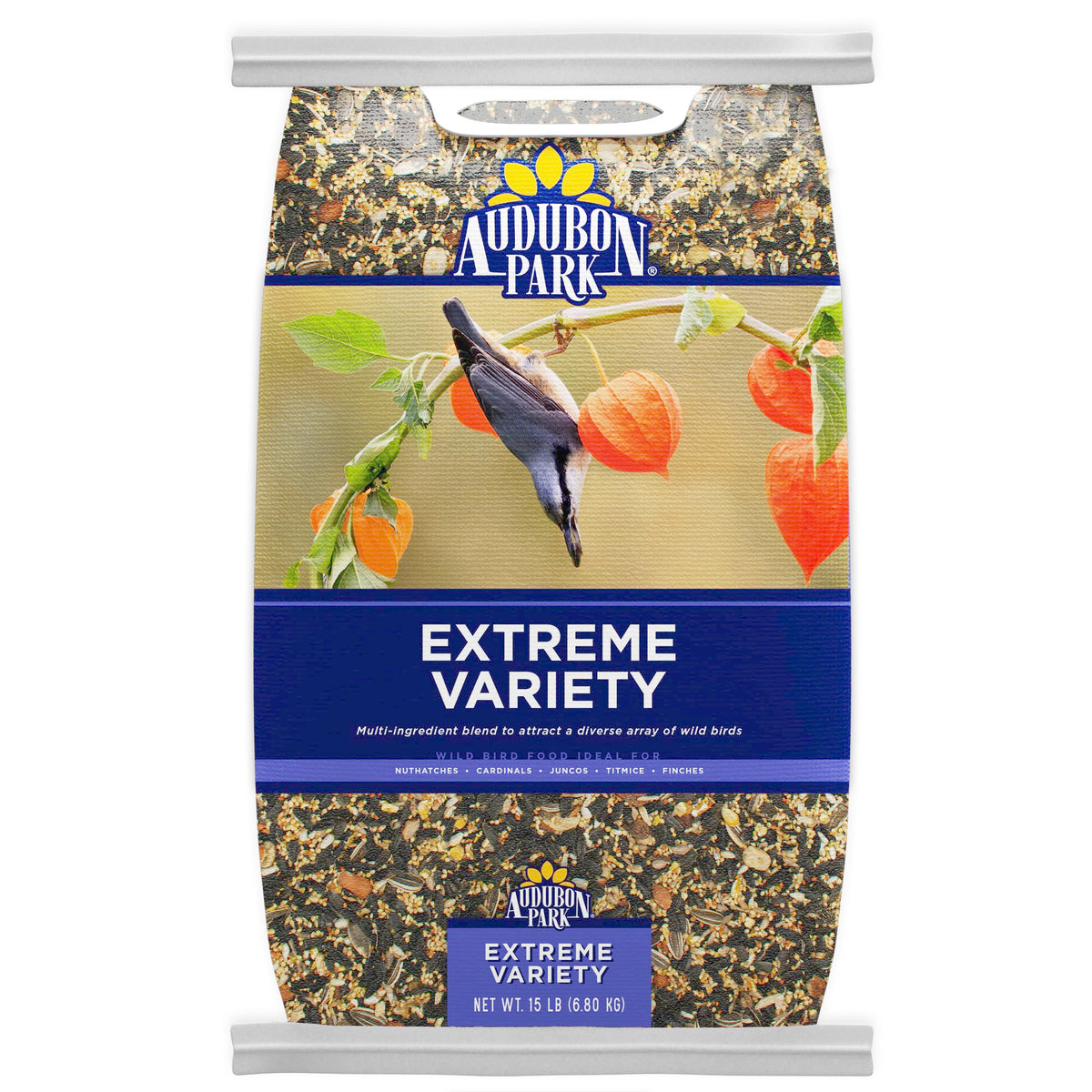 audubon park bag front view showing 15-lb packaging and colorful branding attracting birds