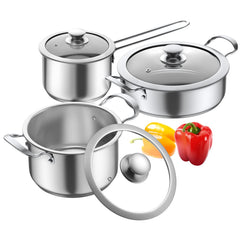 Aufranc front view of 6-piece set showing polished finish and lids for attractive kitchen appeal