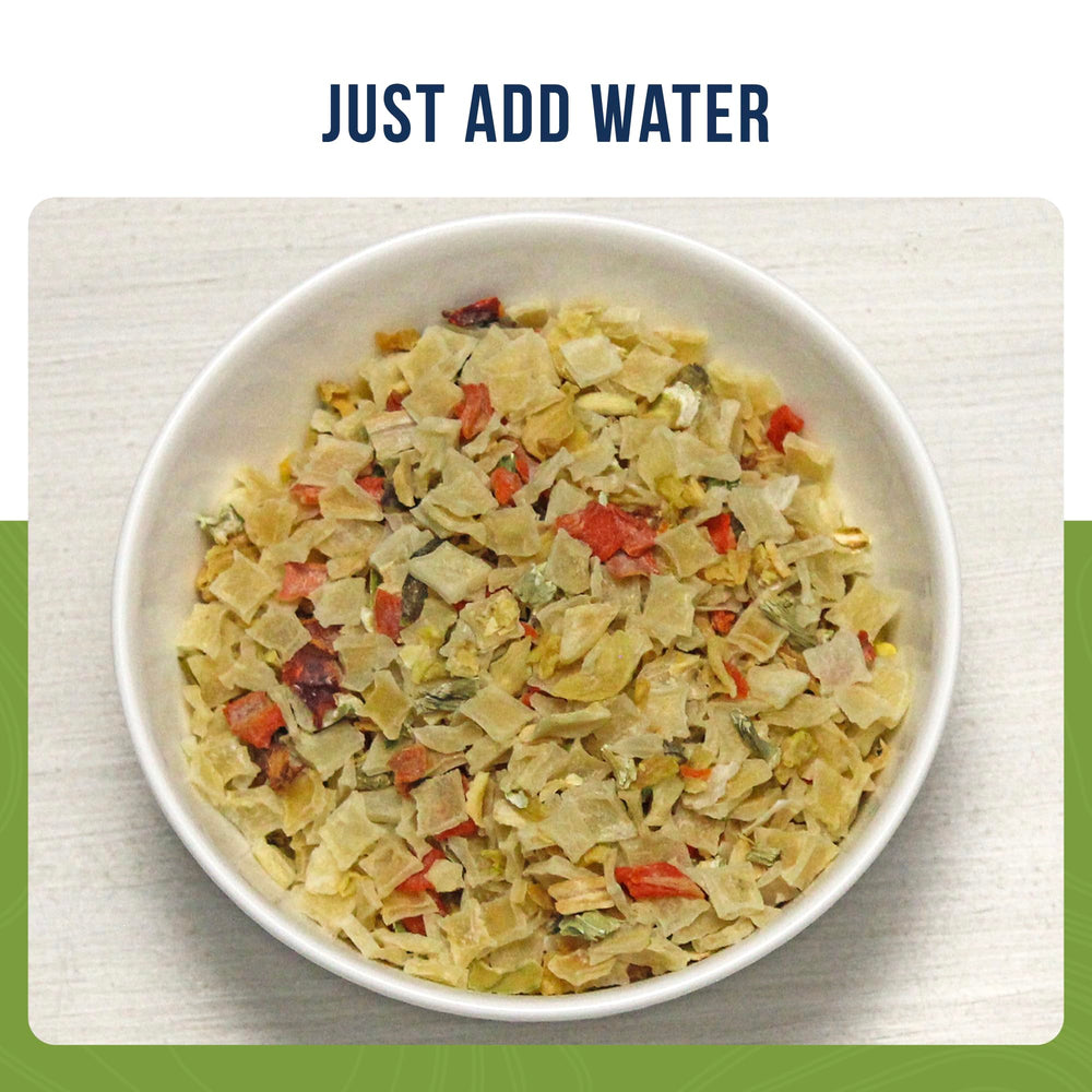 Augason Farms pouring rehydrated vegetables into a bowl for quick meal boost