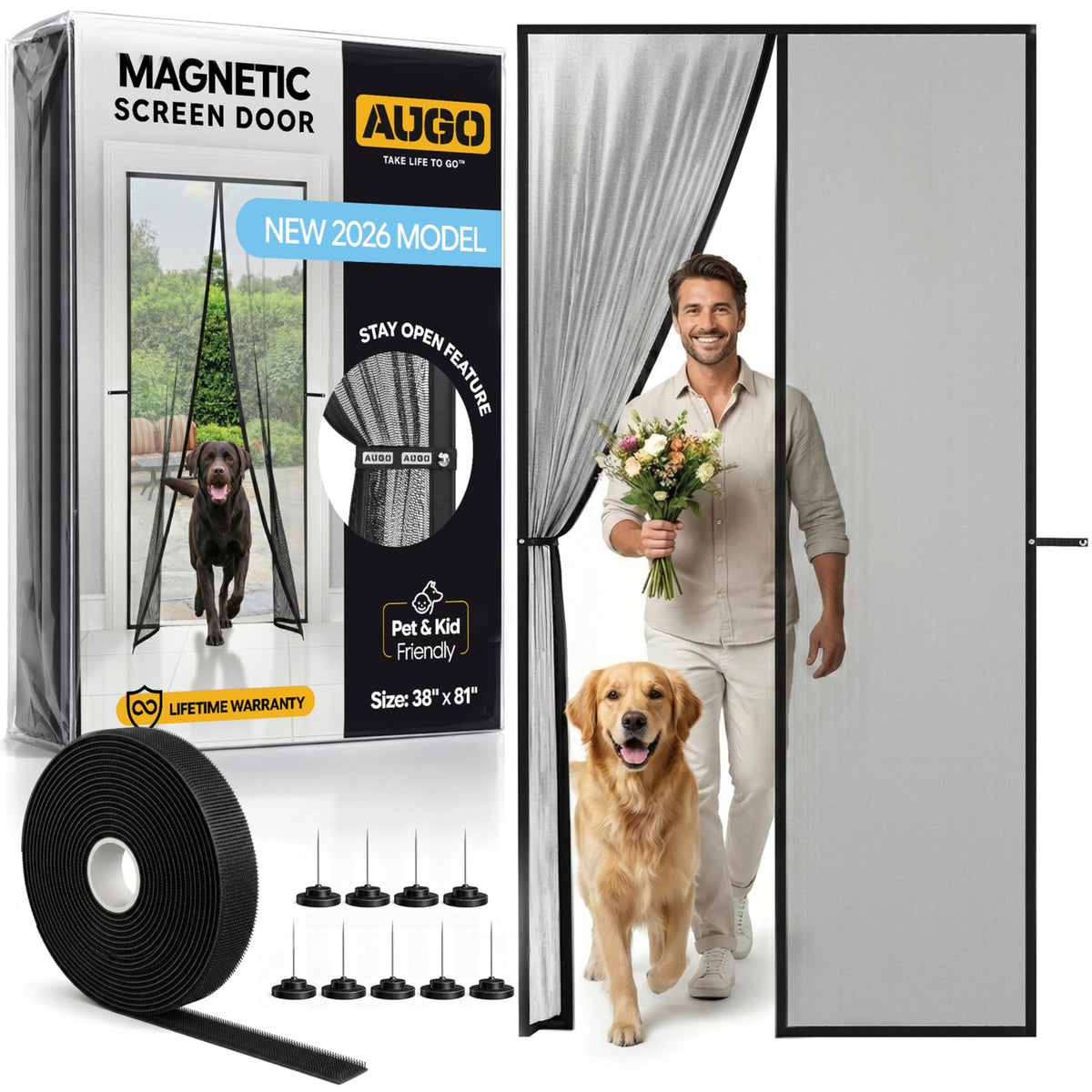 AUGO front view mounted on door showing insect protection benefit