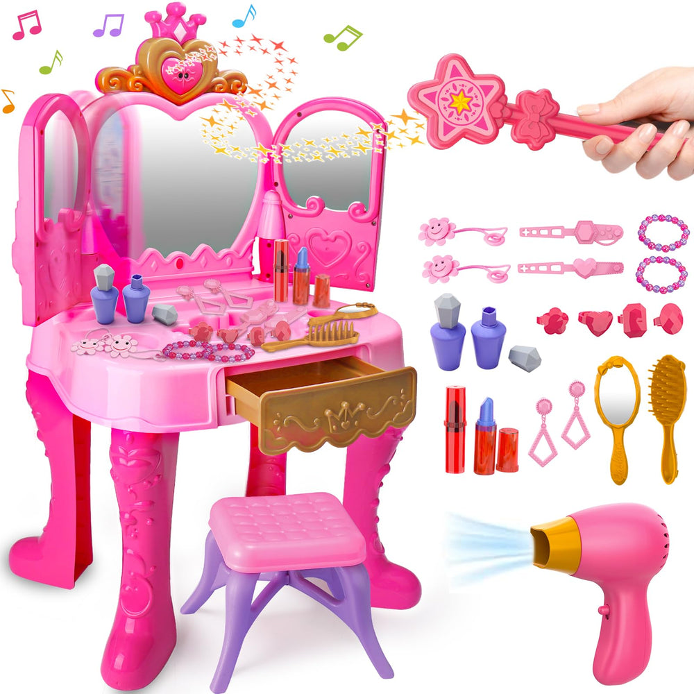 AugToy vanity front view with lit heart mirror showing interactive play benefit