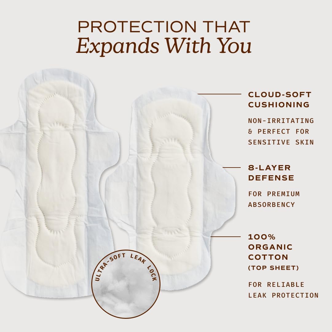 August super pad nighttime setup illustrating extra absorbency for heavier flow