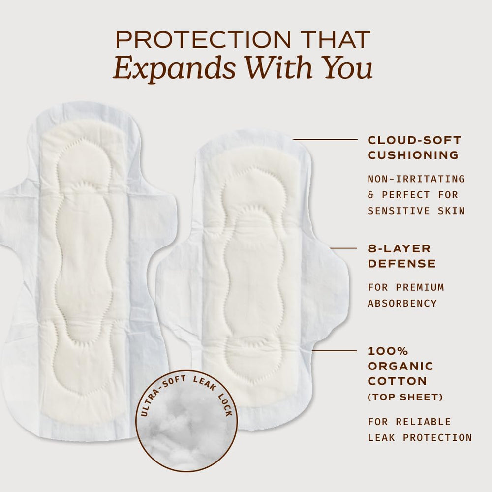 August super pad nighttime setup illustrating extra absorbency for heavier flow