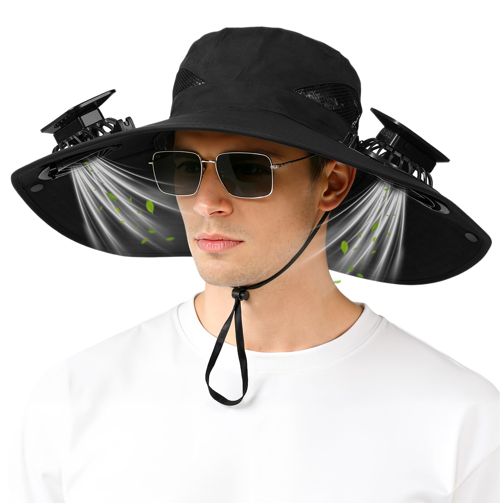 AUJ solar fan hat front view showing dual fans and wide brim for cooling