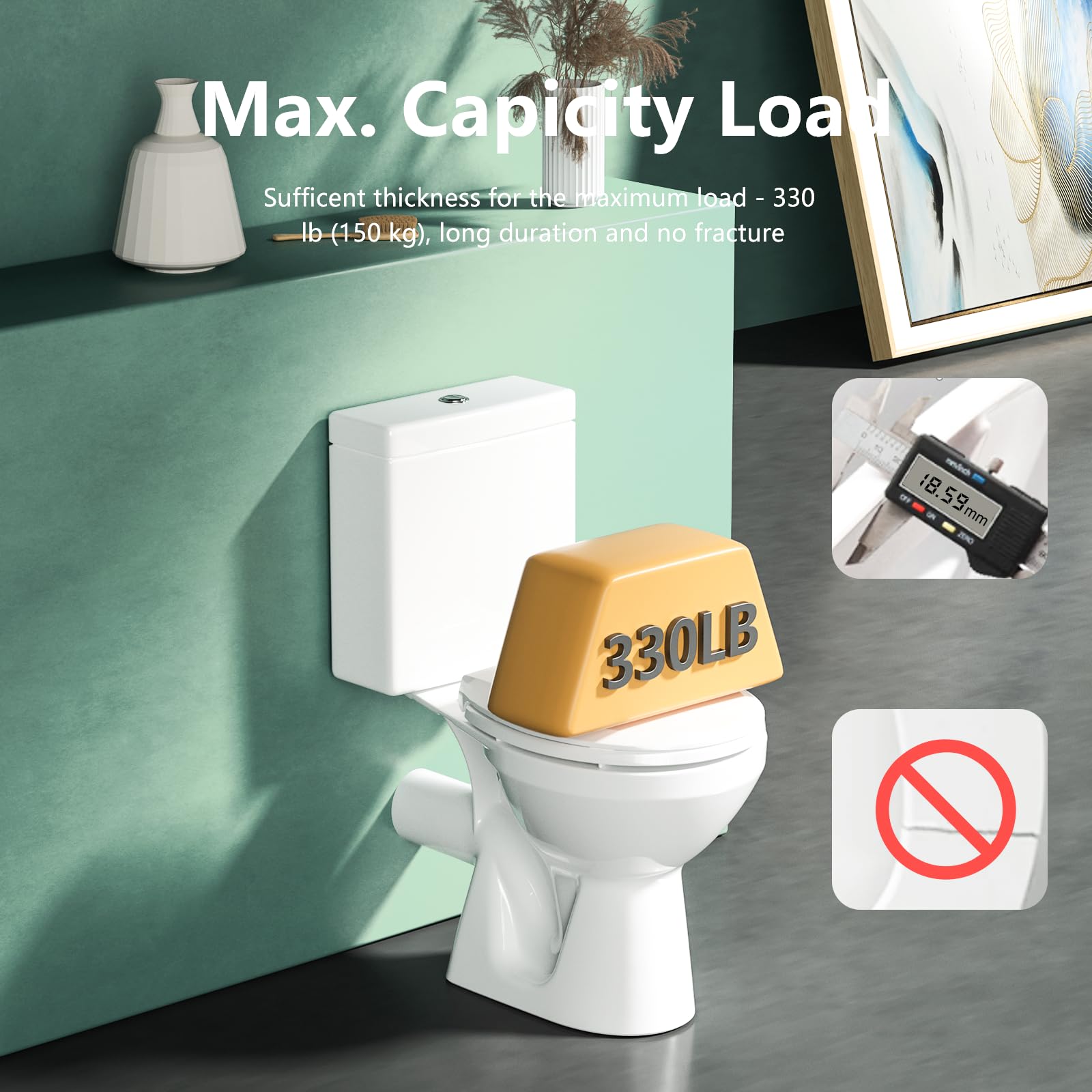 Aünsffer seat next to ruler illustrating 16.5 inch fit for standard round toilets