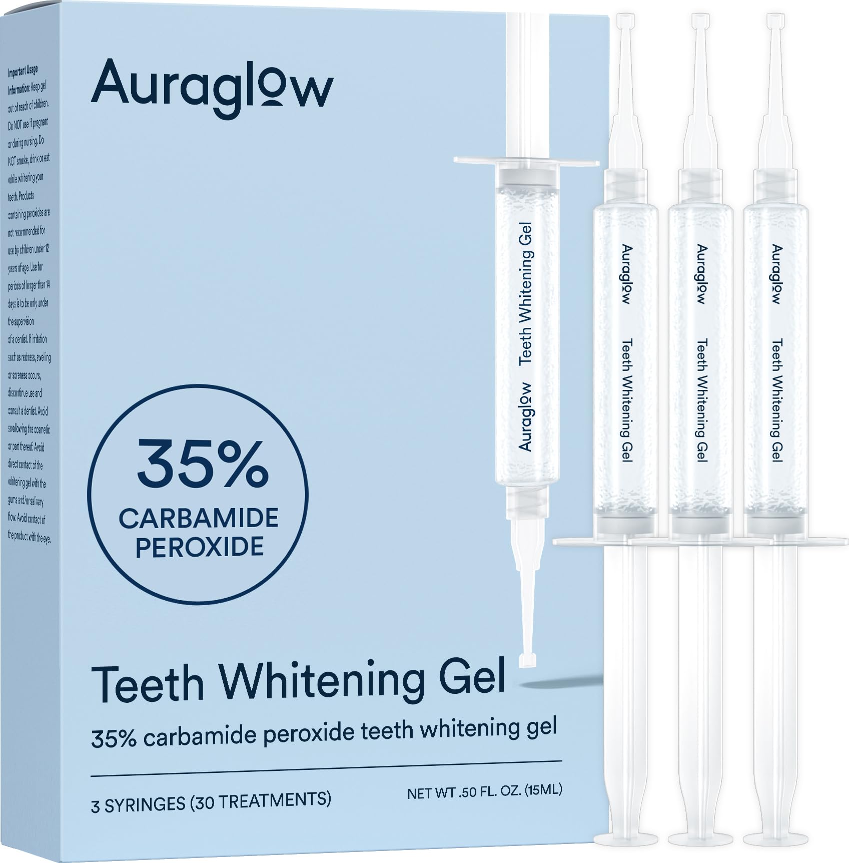 Auraglow front packaging showing three syringes and benefits
