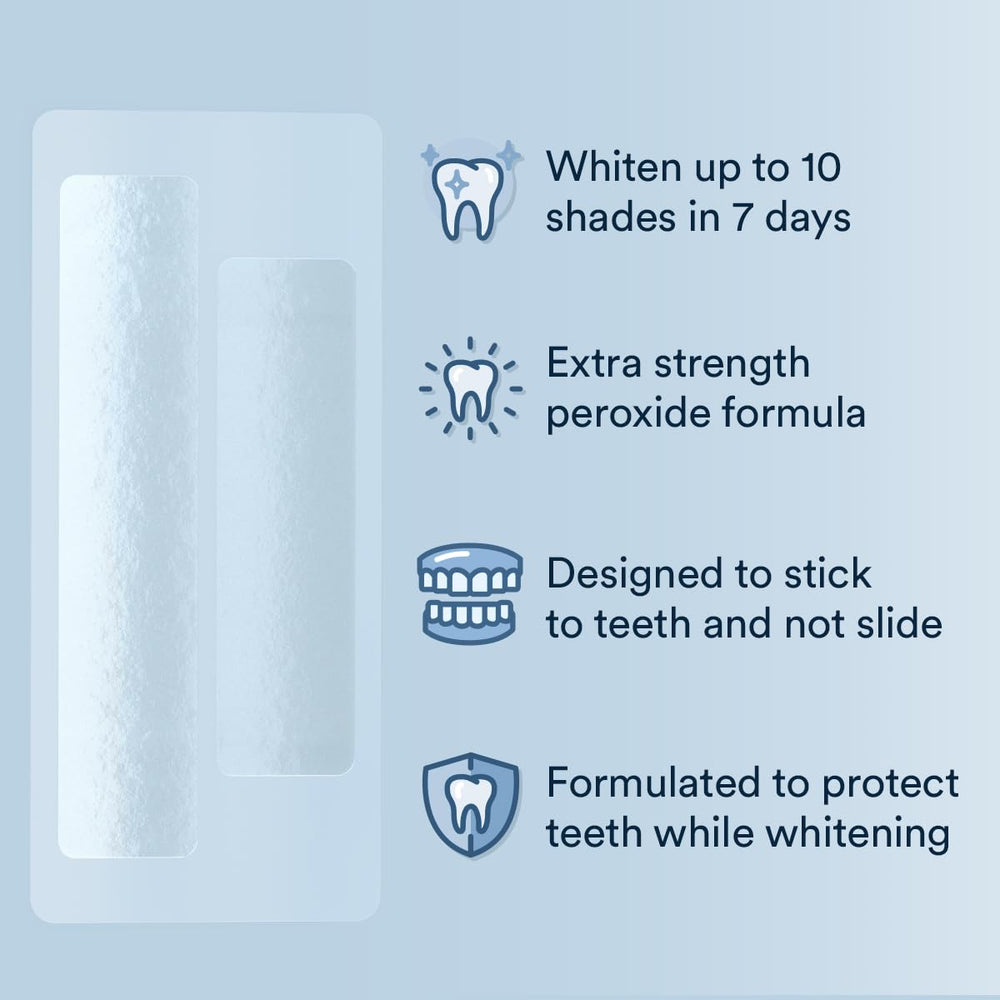 Person applying Auraglow strip to upper teeth, illustrates easy at-home use