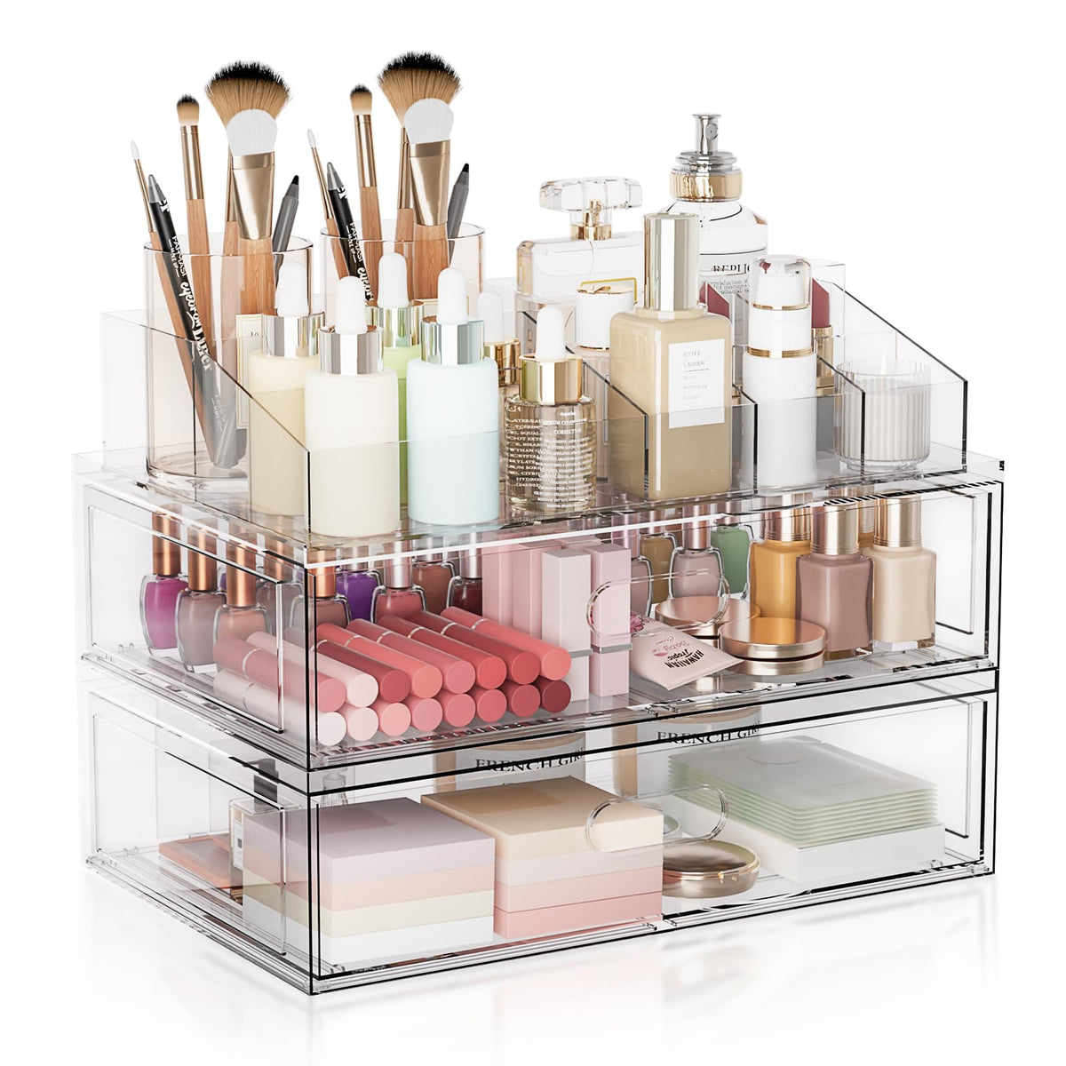 Aurblozen front view showing clear stacked drawers for easy item visibility and access