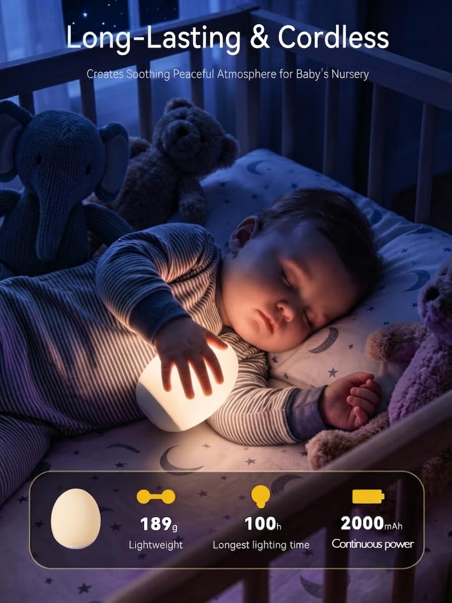 AuroraNiteBeam on a nursery nightstand providing gentle light for midnight care