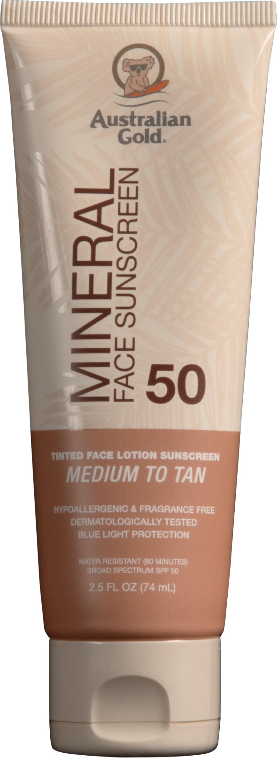 Australian Gold front tube of tinted mineral SPF 50 showing branding and medium to tan tint benefit