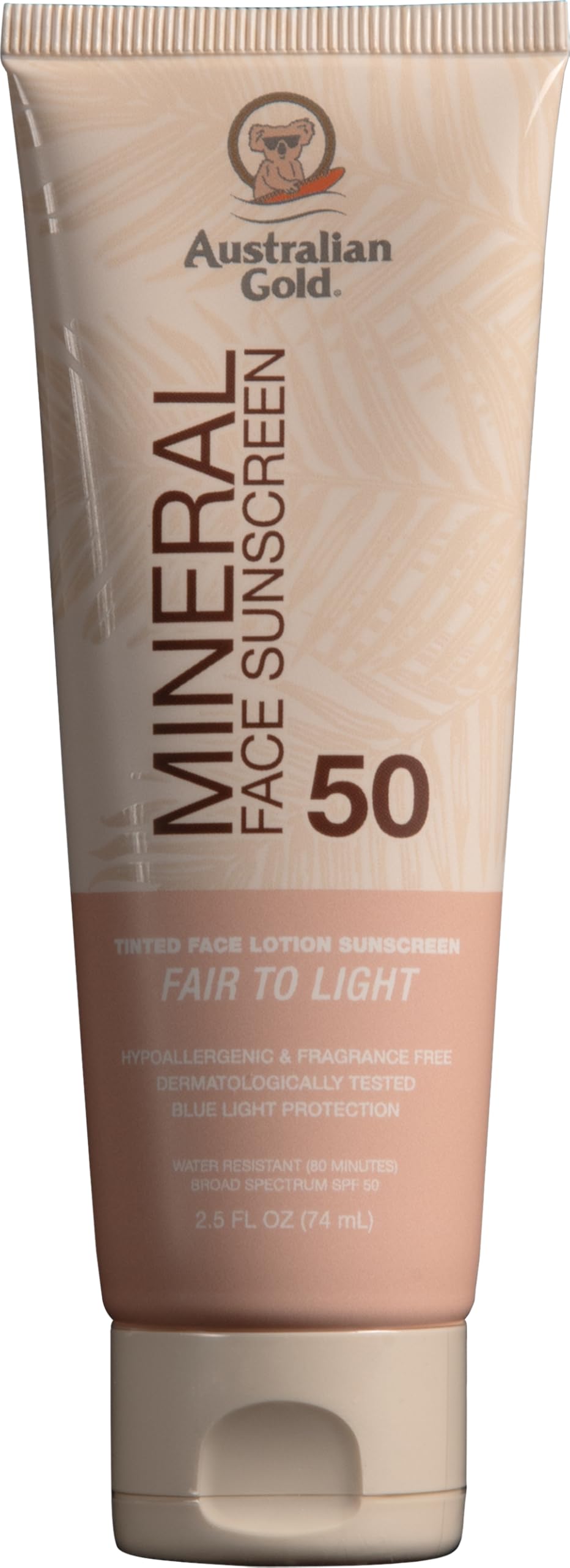 Australian Gold tube front view showing SPF 50 and fair to light tint benefit