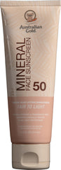 Australian Gold tube front view showing SPF 50 and fair to light tint benefit